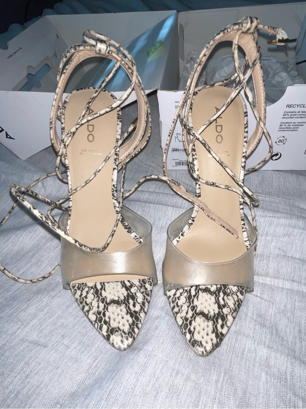 ALDO Beige and Black Snake-Print Pointed Lace-Up Heels